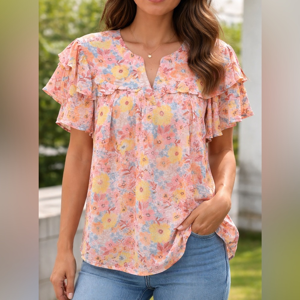 Democracy Floral Ruffle Sleeve Blouse Size Small